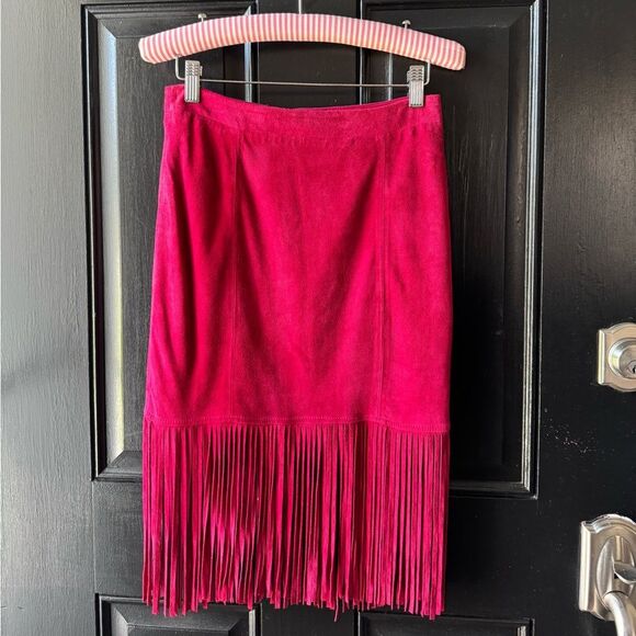 Neiman Marcus Cusp Burgundy Suede Fringe Skirt Size XS - Picture 1 of 15